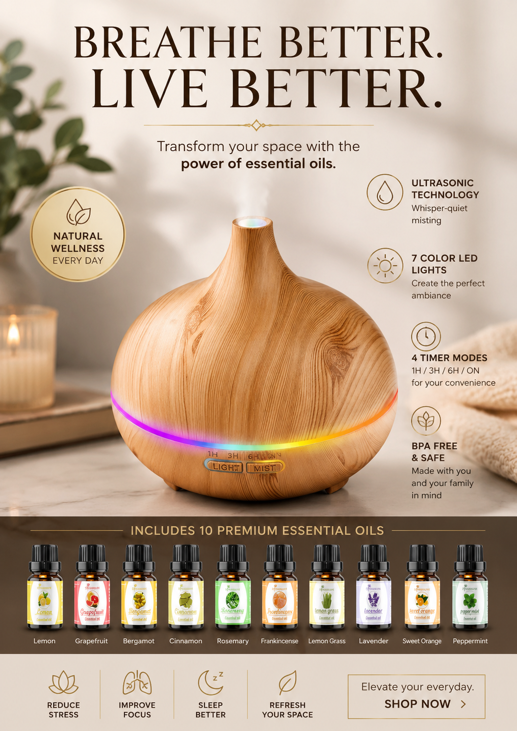 Essential Oil Diffuser with 10 Premium Essential Oils