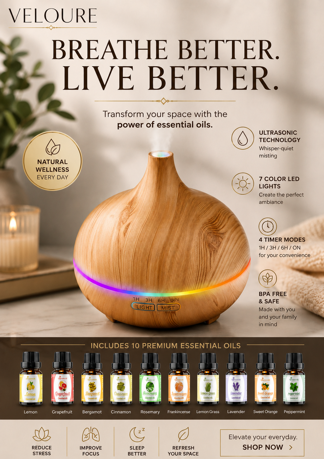 Essential Oil Diffuser with 10 Premium Essential Oils