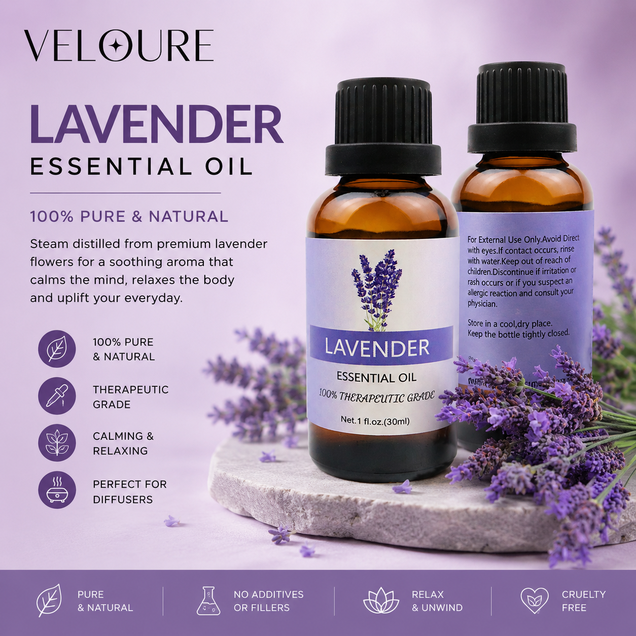 VELOURE Lavender Essential Oil – 100% Pure & Natural (30ml)