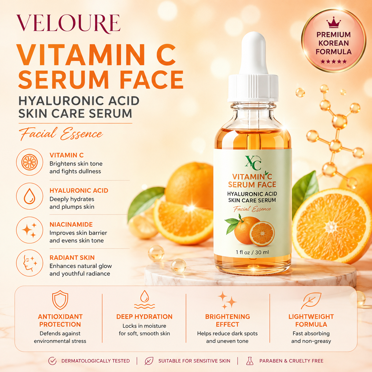 VELOURE Vitamin C Serum Face – Hyaluronic Acid Skin Care Serum (1 fl oz / 30ml)