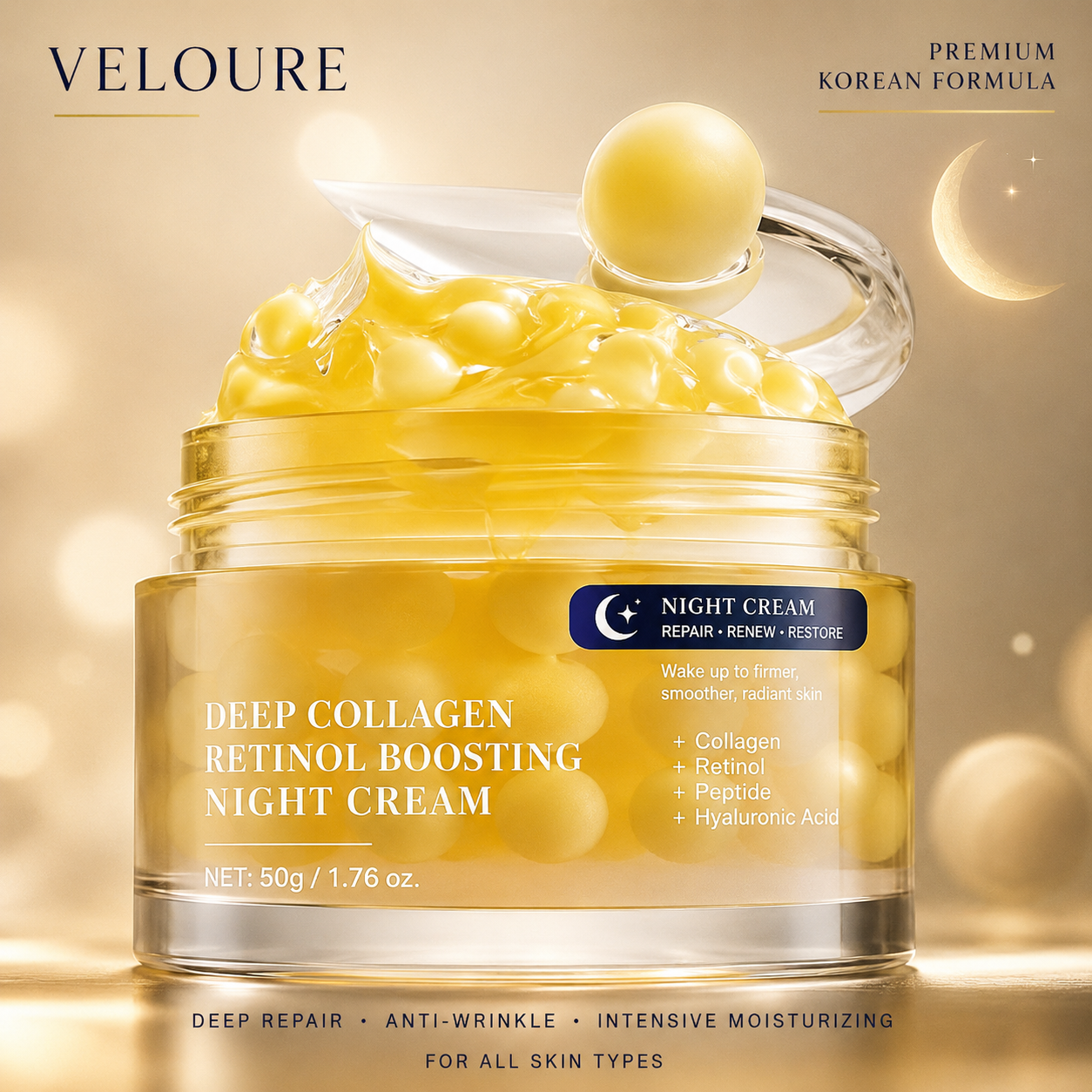 VELOURE Deep Collagen Retinol Boosting Night Cream – Premium Korean Formula (50g)