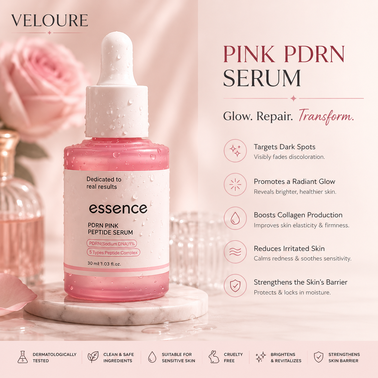 Veloure Pink PDRN Serum bottle with dropper on marble surface