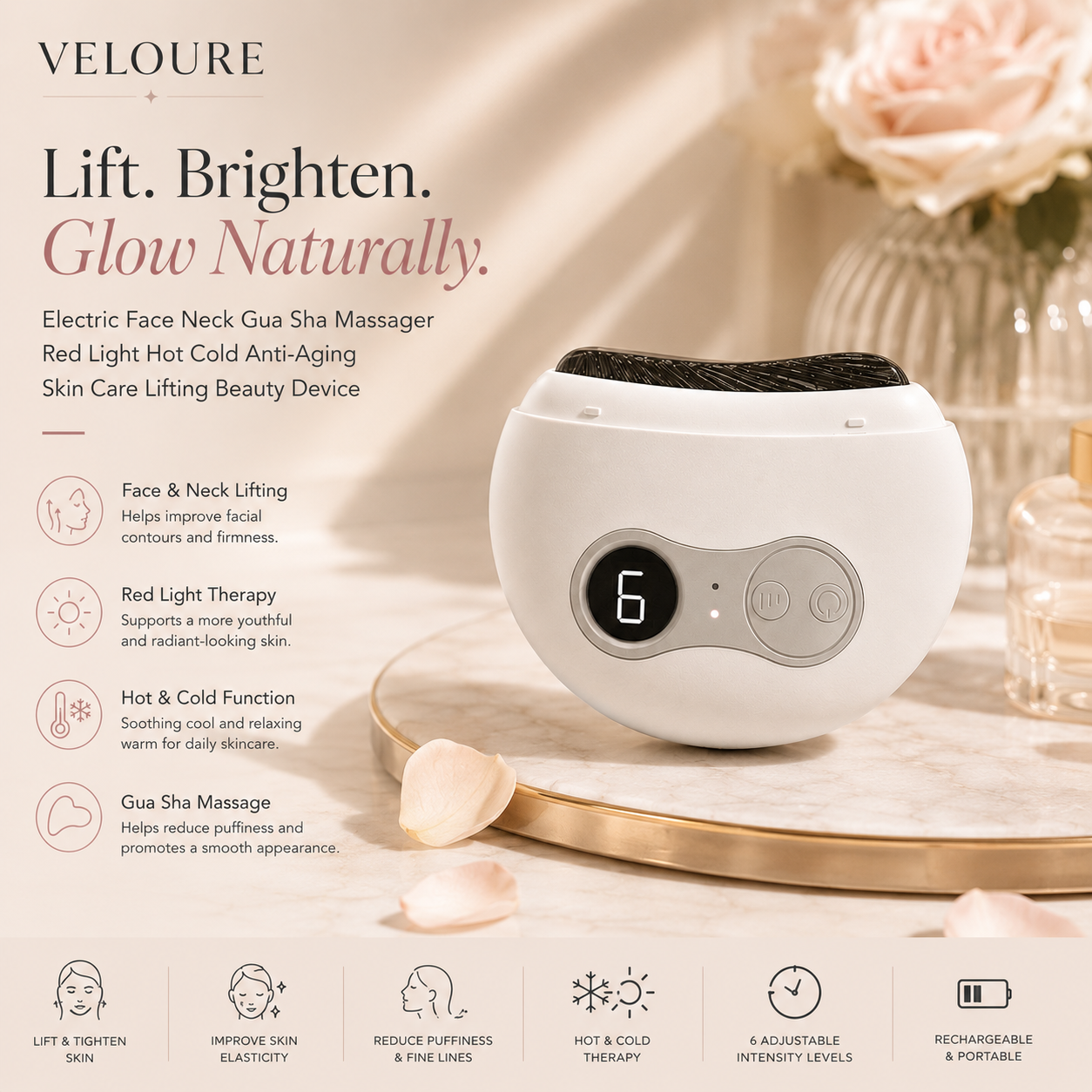 Veloure Electric Face Neck Gua Sha Massager with Red Light Therapy
